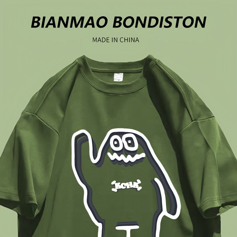 Summer new American style hiphop cartoon printing army green European and American high street t-shirt couple outfit short-sleeved top ins