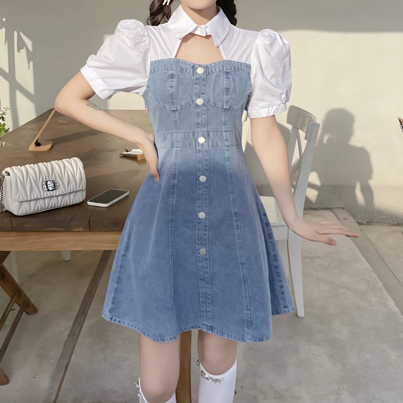 Small summer denim dress women's fake two-piece puff sleeve girl student college style slim design skirt