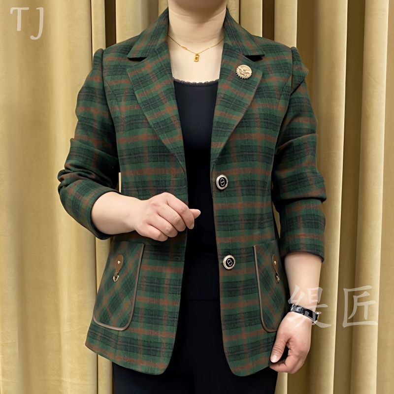 High-end spring and autumn short plaid suit for women  spring new mother's wear large size suit collar small suit jacket