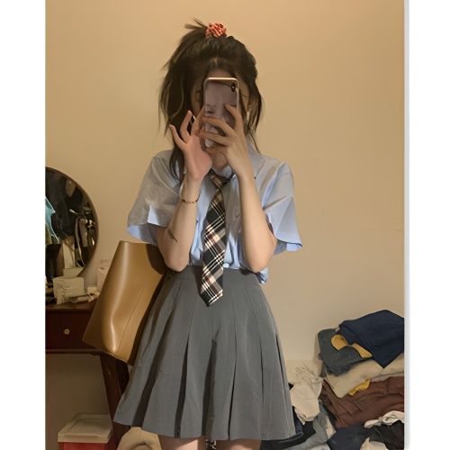【兩件套裝】夏季新款學院風減齡簡約翻領袖襯衫高腰百褶半身裙子