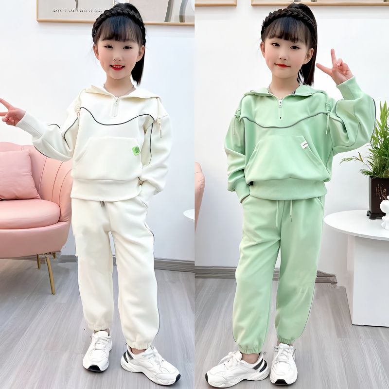 女童春秋新款中大童韓版洋氣運動半拉鏈衛衣休閒套裝2023網紅童裝