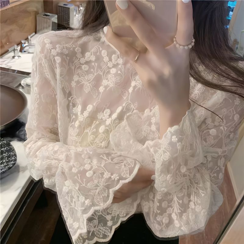 超仙的內搭蕾絲衫洋氣網紗女2023秋冬新款花邊透視打底衫上衣小衫