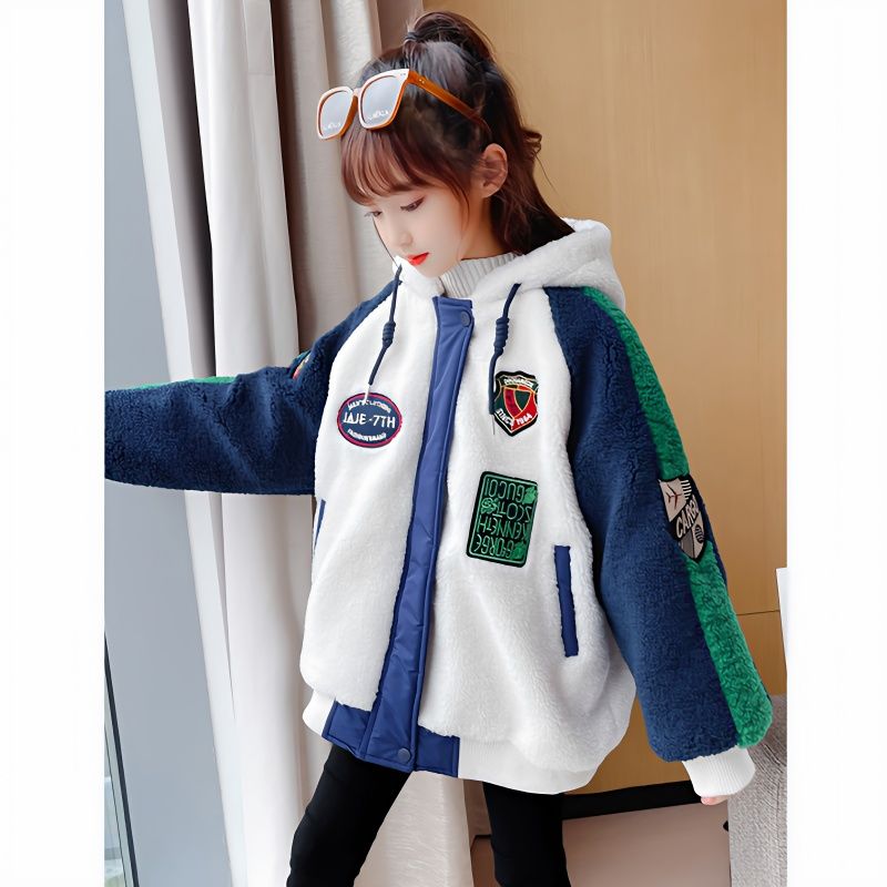 Girls' coats winter 2023 new style girls' winter clothes medium and large children's plus velvet and thickened lamb velvet woolen coats