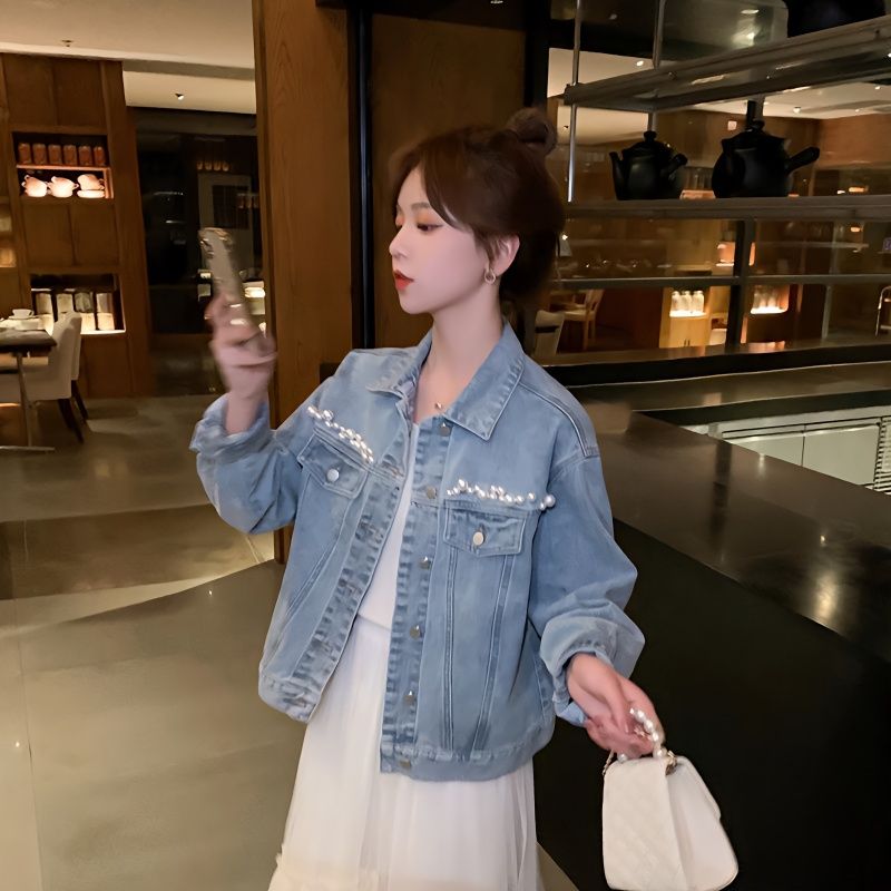 Three-dimensional pearl denim jacket women's 2021 new loose all-match spring clothes women's short top trend