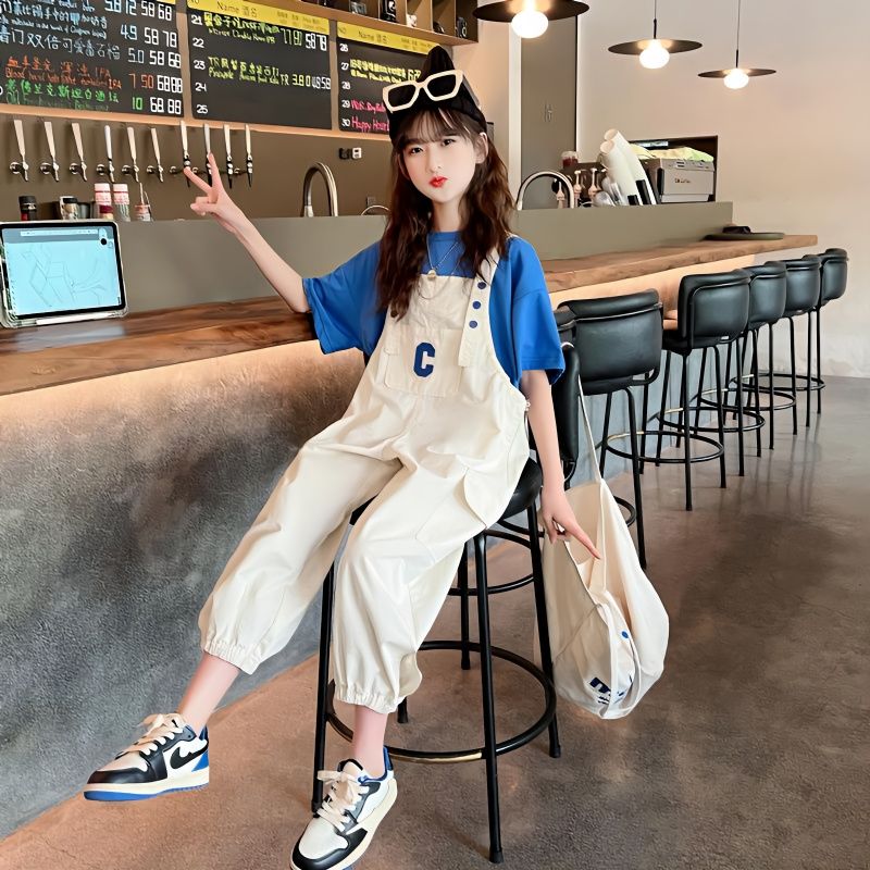 女童夏裝套裝2023新款兒童裝網紅洋氣中大童時髦背帶褲夏季兩件套