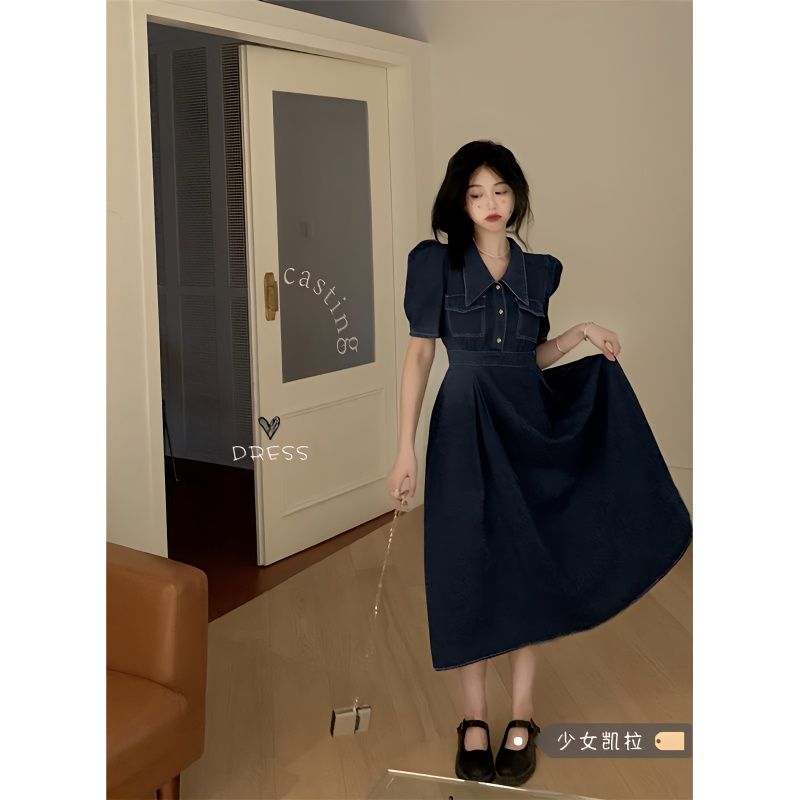 Retro bubble waist puff sleeve denim dress women's summer 2022 new mid-length POLO collar skirt