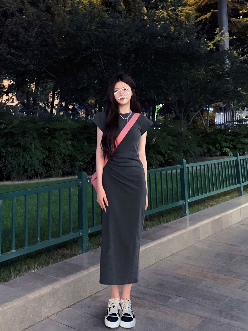 辣妹純欲高個子加長過膝收腰氣質顯瘦直筒休閒短袖T恤連衣裙女夏