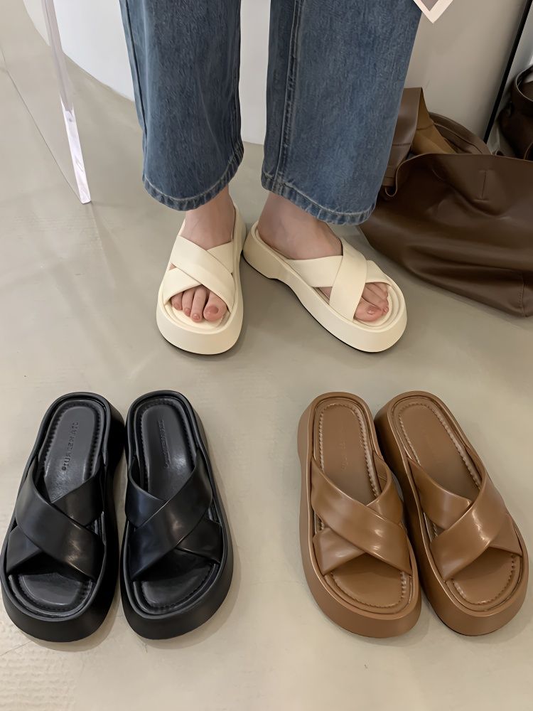 松糕厚底半拖鞋女夏外穿2023新款韓版交叉帶涼拖女防水沙灘羅馬鞋