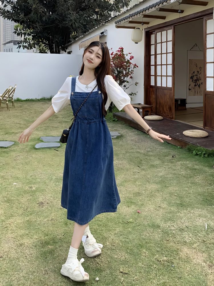 兩件套裝日系清新夏季新款百搭時尚簡約風牛仔吊帶裙子連衣裙+T恤