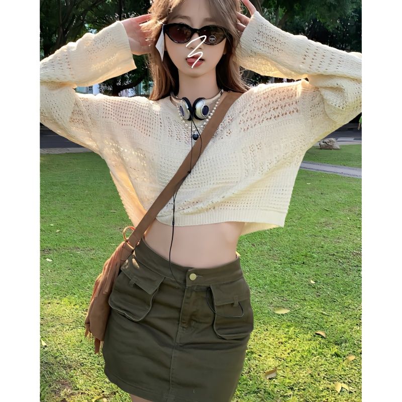 Two-piece suit/one-piece summer new French-style small fragrance hollow loose sunscreen sweater + tooling skirt