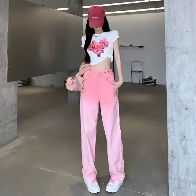 漸變色牛仔褲子女春夏ins新款高腰直筒寬鬆顯瘦拖地闊腿粉色長褲