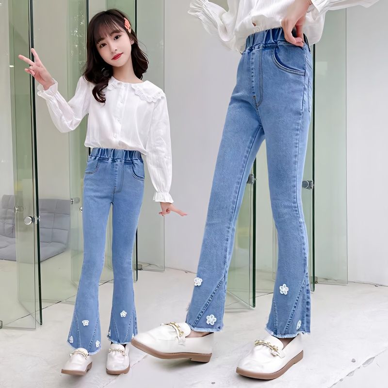 女童褲子中大童春秋款小孩牛仔褲女洋氣學生喇叭褲中童女褲子韓版