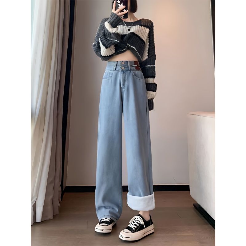 YSYOURS淺藍色加絨牛仔褲女秋冬高腰寬鬆顯瘦直筒大碼加厚闊腿褲