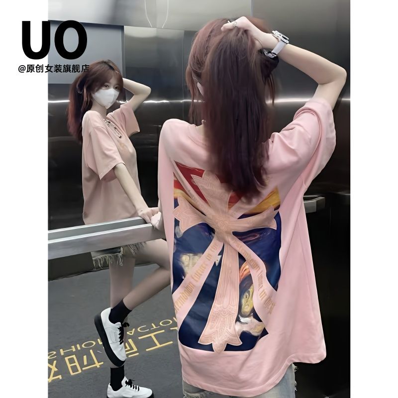 UO100%純棉設計感光芒萬丈十字印花短袖T恤女潮牌寬鬆男女同款潮