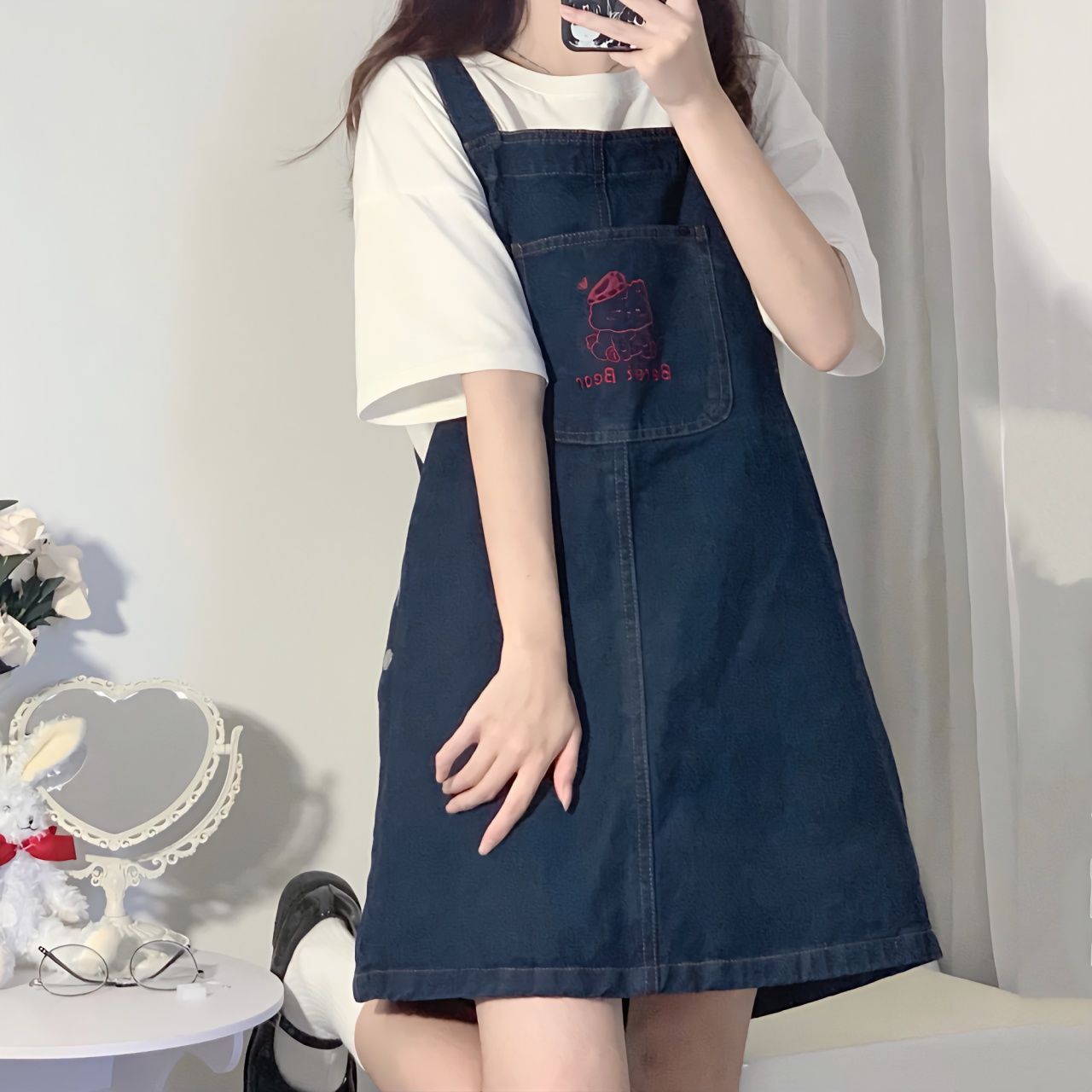 兩件套裝夏季學院風日系寬鬆水洗牛仔背帶裙連衣裙子女+短袖T恤潮