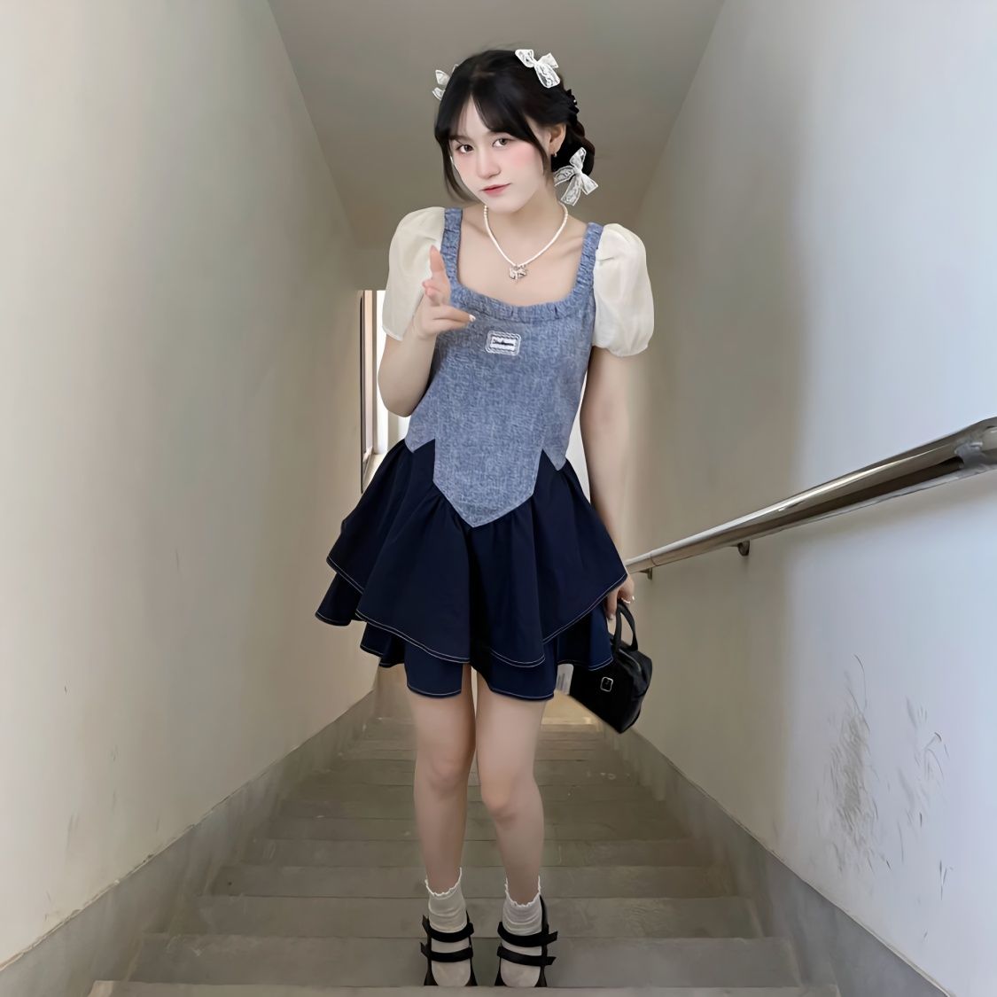 French style sweet desire wind puff sleeve dress waist slim stitching design sense A-line skirt summer sweet royal wind skirt