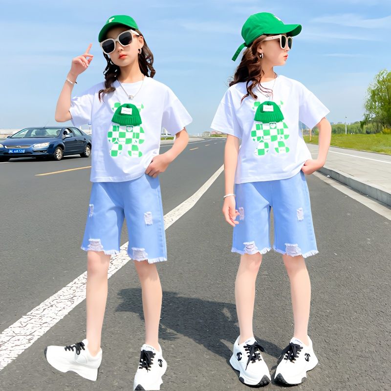 女童夏裝洋氣套裝2023新款兒童短袖五分牛仔中褲夏季中大童兩件套
