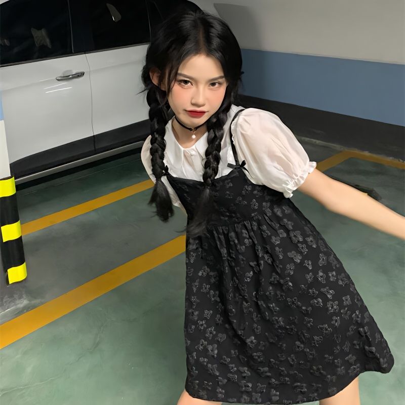 學院風減齡百搭娃娃領襯衫+黑色修身碎花背帶裙女夏季兩件套/單件