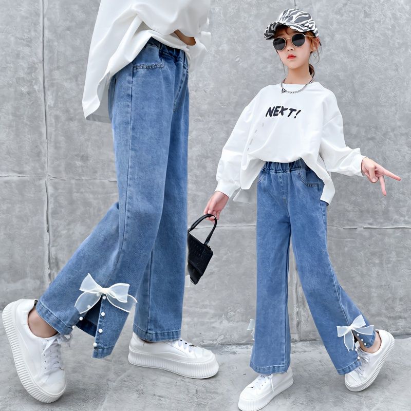 女童牛仔褲闊腿褲春裝2023新款10兒童11女孩12中大童寬鬆褲子洋氣