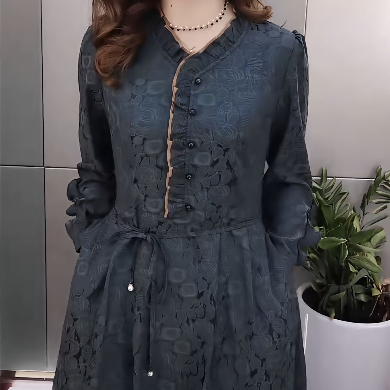花蘿緞連衣裙2023新款女裝春夏修身高檔洋氣顯瘦長袖時尚提花裙子