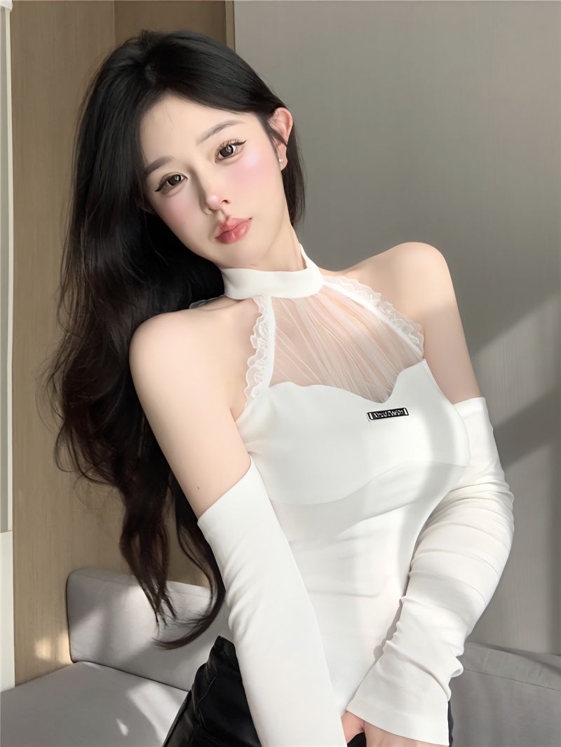 蕾絲掛脖辣妹背心女2023年新款網紗蕾絲短款上衣純欲魚骨吊帶抹胸