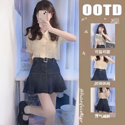 兩件套裝/單件夏季新款甜美可愛小眾娃娃領襯衫+收腰牛仔百褶短裙