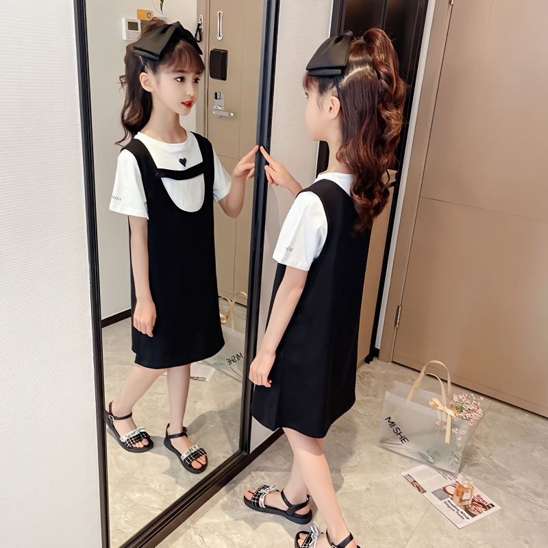 女童套裝裙子夏裝2023新款洋氣中大童兒童短袖上衣雪紡裙子兩件套