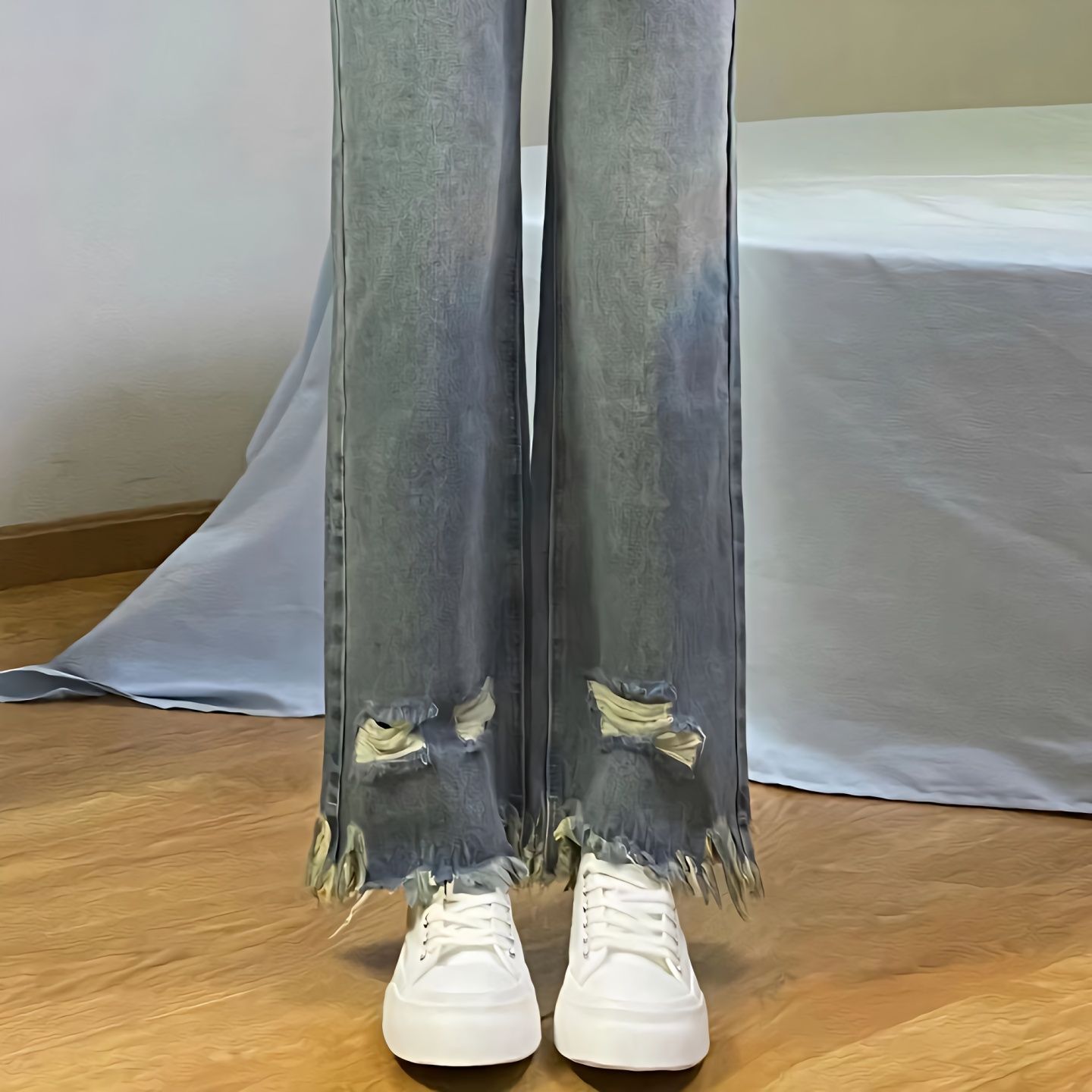 設計感破洞毛邊牛仔褲女2023夏季新款大碼胖mm高腰顯瘦寬鬆闊腿褲