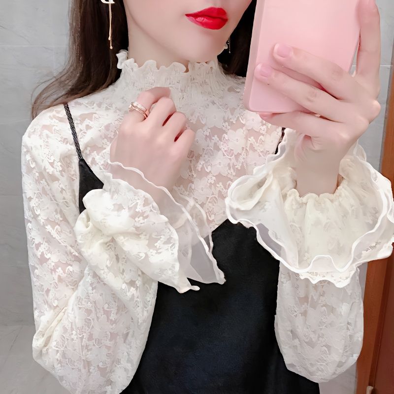 氣質高領蕾絲打底衫女秋冬洋氣長袖毛衣內搭荷葉邊喇叭袖網紗上衣