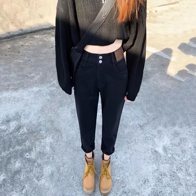 YSYOURS黑色哈倫牛仔褲女春秋季高腰顯瘦寬鬆大碼九分老爹蘿蔔褲