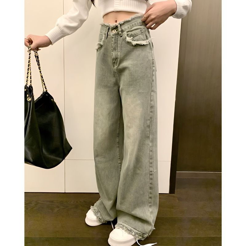 港味高腰毛邊牛仔褲女秋季設計感小個子拖地長褲子寬鬆直筒闊腿褲