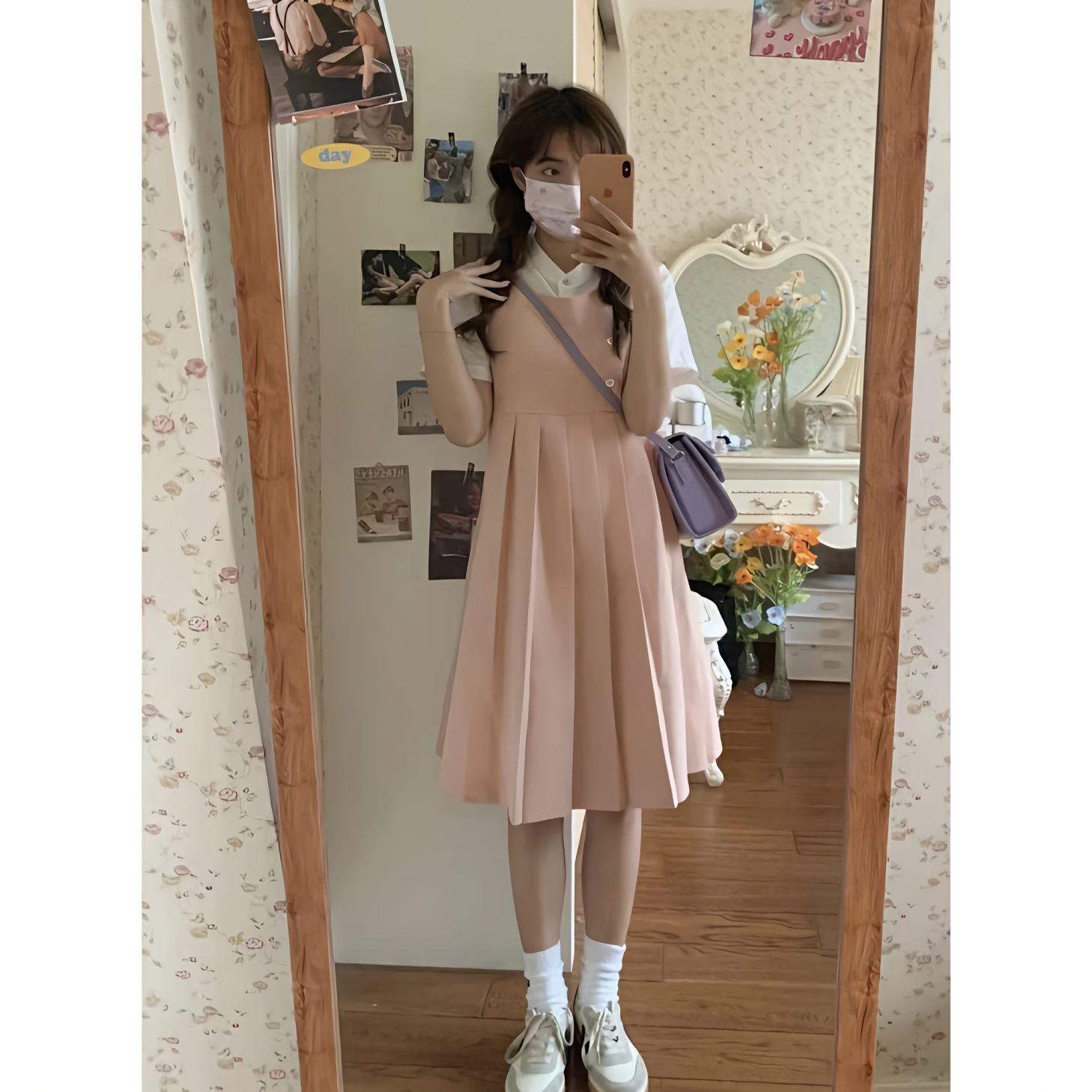 【兩件套裝】粉色日系學院風百褶背帶連衣裙+白色短袖T恤小清新女