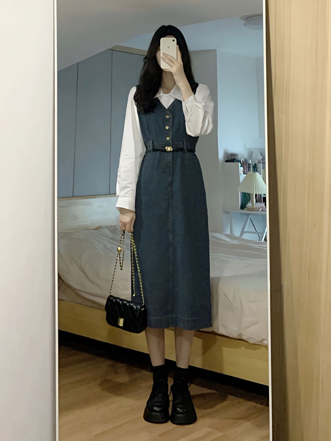 送腰帶兩件套裝春季新款設計感輕奢襯衫女搭配顯瘦背帶牛仔A字裙