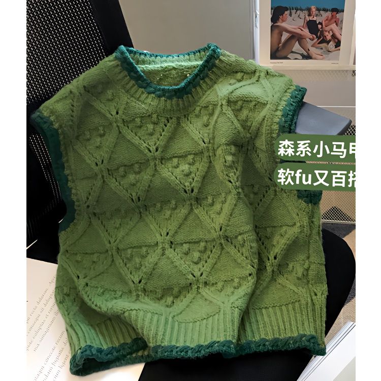 綠色馬甲女短款圓領套頭針織背心毛衣馬甲春秋季新款外搭撞色馬甲