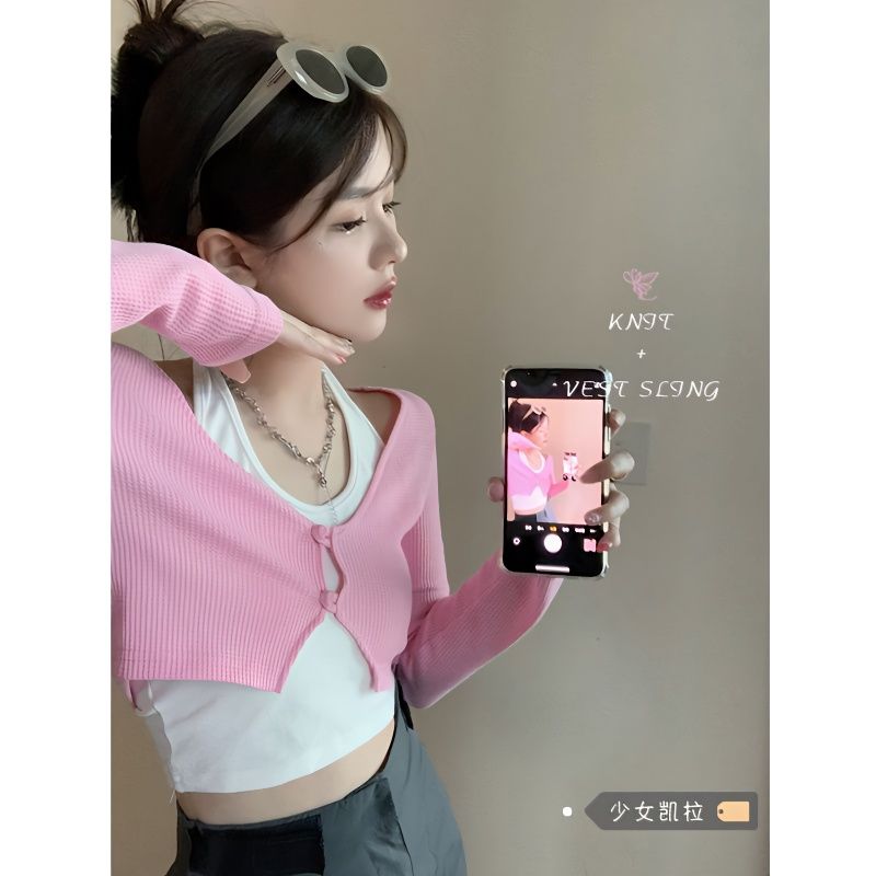 辣妹時尚套裝女裝粉色外套上衣春裝2023年新款掛脖吊帶氣質兩件套
