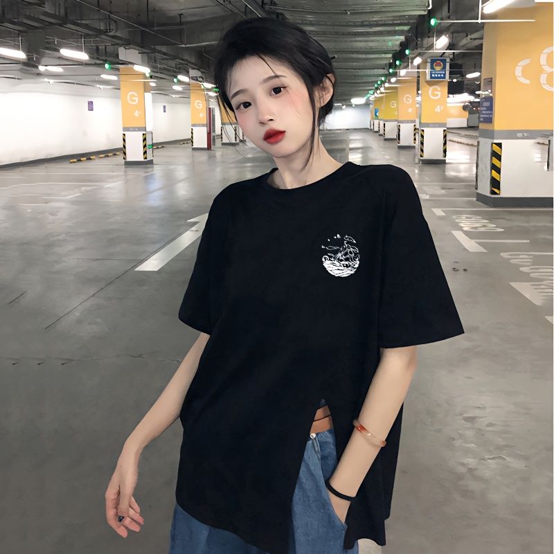 100%純棉側開叉短袖t恤女2023夏季新款寬鬆百搭中長款上衣服ins潮