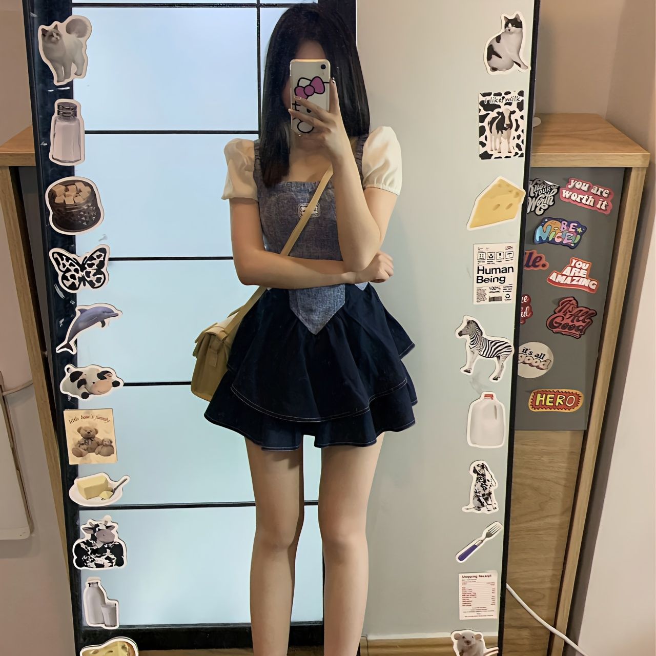 Summer small, fresh, sweet and spicy girls' puff sleeve dress with waist and slim A-line skirt, western style, age-reducing splicing skirt