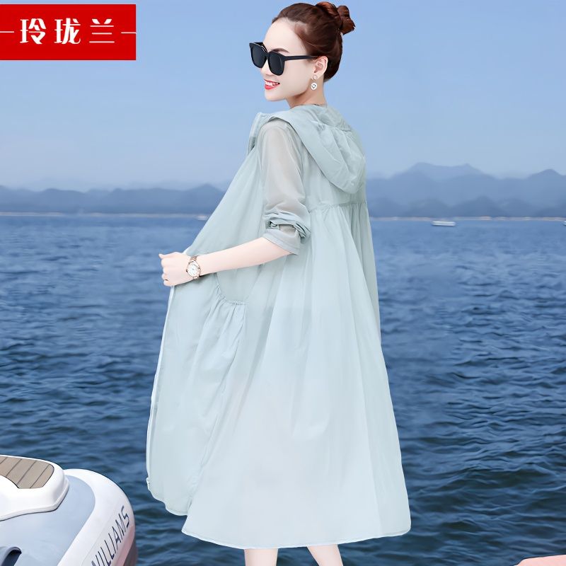 2023 spring and summer breathable sun protection clothing women's over-the-knee mid-length loose large size sun protection clothing women's thin coat