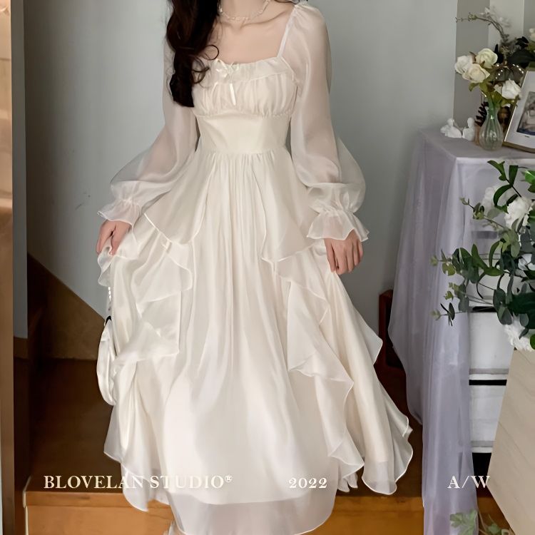 Foggy frost white French fairy waist temperament dress female 2023 new spring long skirt white dress
