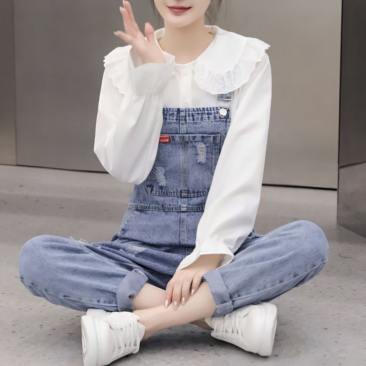 洋氣小清新軟牛仔背帶褲女韓版寬鬆中學生秋季休閒減齡長褲兩件套