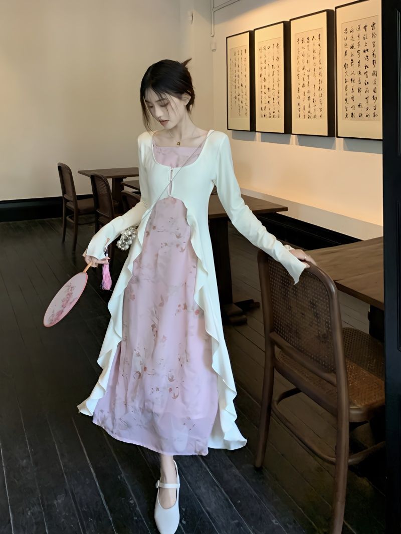 新中式溫柔風碎花吊帶連衣裙長款防曬開衫女春夏2023新款時尚套裝