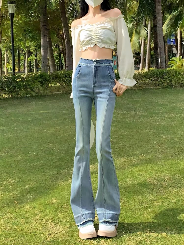 YSYOURS淺色毛邊微喇牛仔褲女春秋高腰顯瘦大碼垂感拖地喇叭褲子