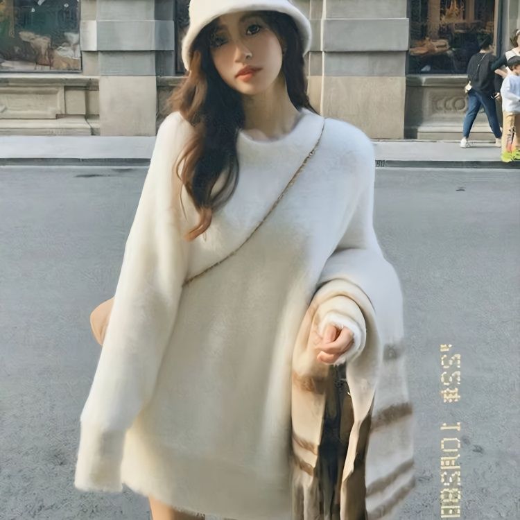 XJ家新款寬鬆慵懶風軟軟糯糯垂墜感仿水貂毛仿水貂絨毛衣女圓領
