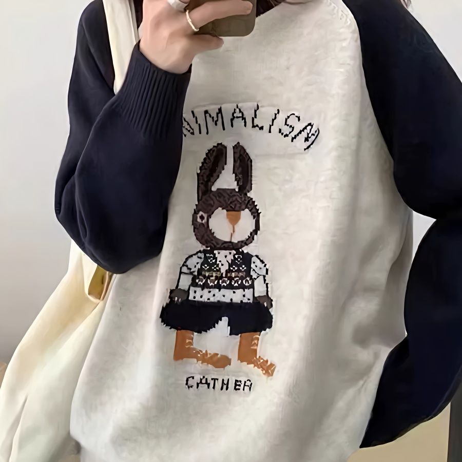 半高領撞色毛衣女秋冬裝2023新款時尚減齡寬鬆兔子打底針織衫上衣