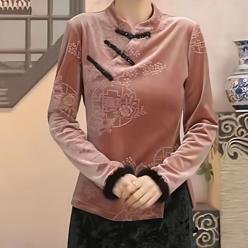 2024時尚立領新款長袖復古小衫金絲絨中式上衣國風盤扣打底顯瘦女