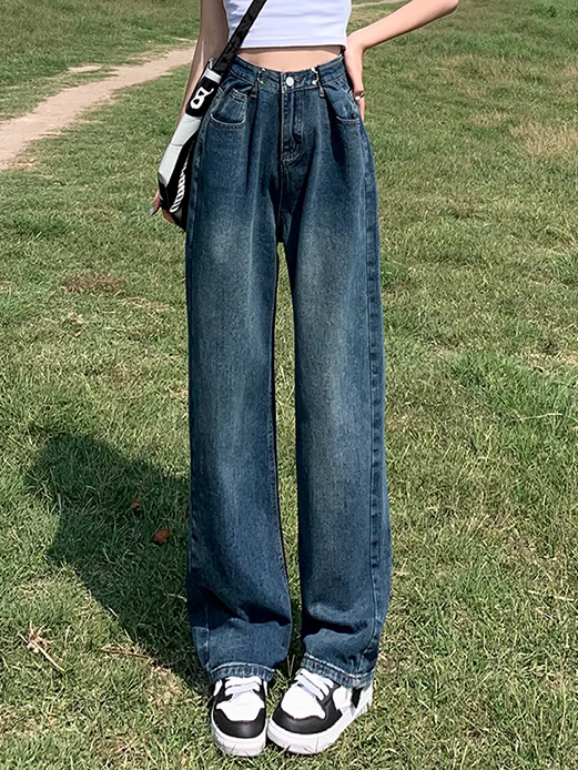 美拉德復古藍色高腰顯瘦闊腿牛仔褲女秋冬新款直筒拖地老爹長褲子