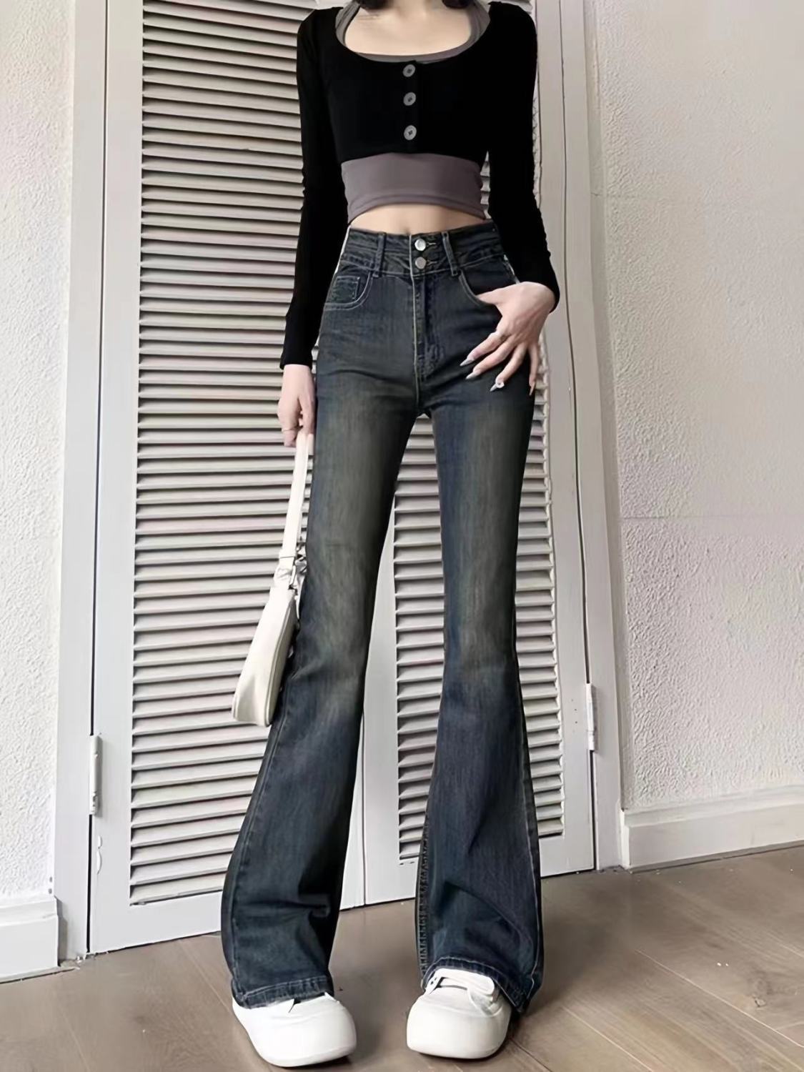 美式復古水泥灰微喇叭牛仔褲女秋冬高街設計感修身顯瘦高腰馬蹄褲