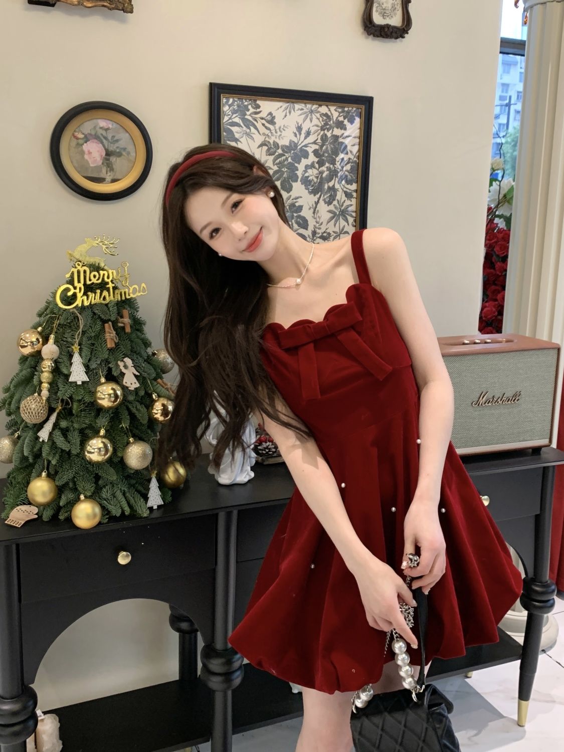 Bow red French velvet suspender dress winter high-end Christmas fluffy princess skirt New Year's shirt