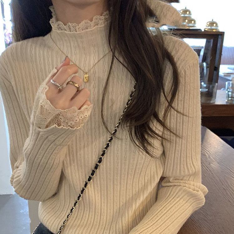 New lace bottoming shirt for women in spring and autumn half turtleneck slim fit sweater apricot long-sleeved sweater top
