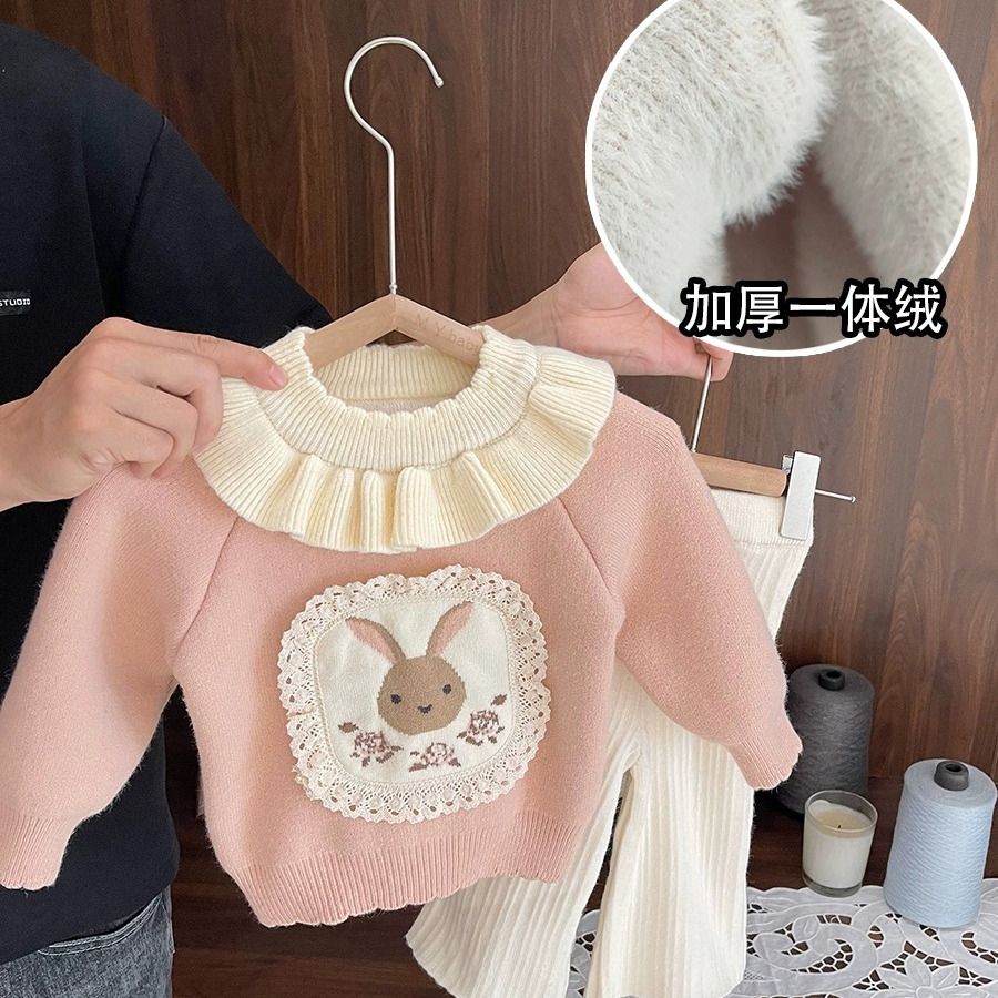 女童毛衣一體絨加絨加厚秋冬新款韓系洋氣打底套頭圓領上衣針織衫
